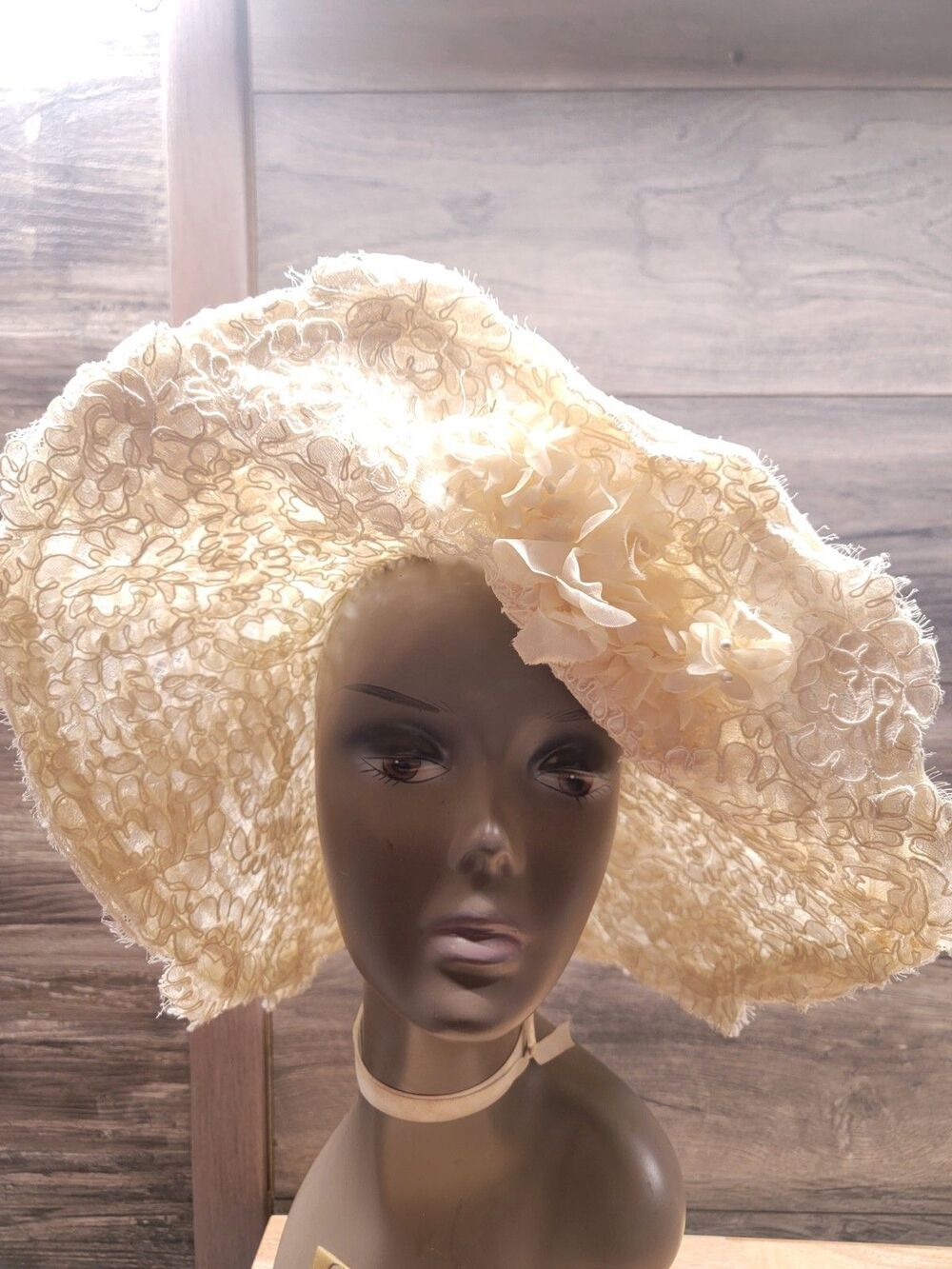Vtg 70s Ivory Jersey Lace Pleats Renaissance Prairie Maxi Wedding Dress GOWN Hat - Picture 9 of 12